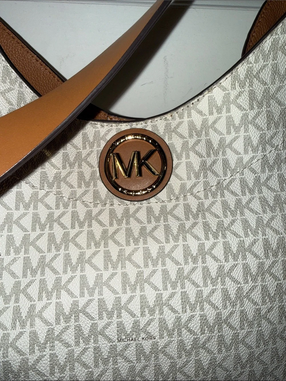 Michael Kors Signature MK Logo Canvas Shoulder Bag in Beige and Tan